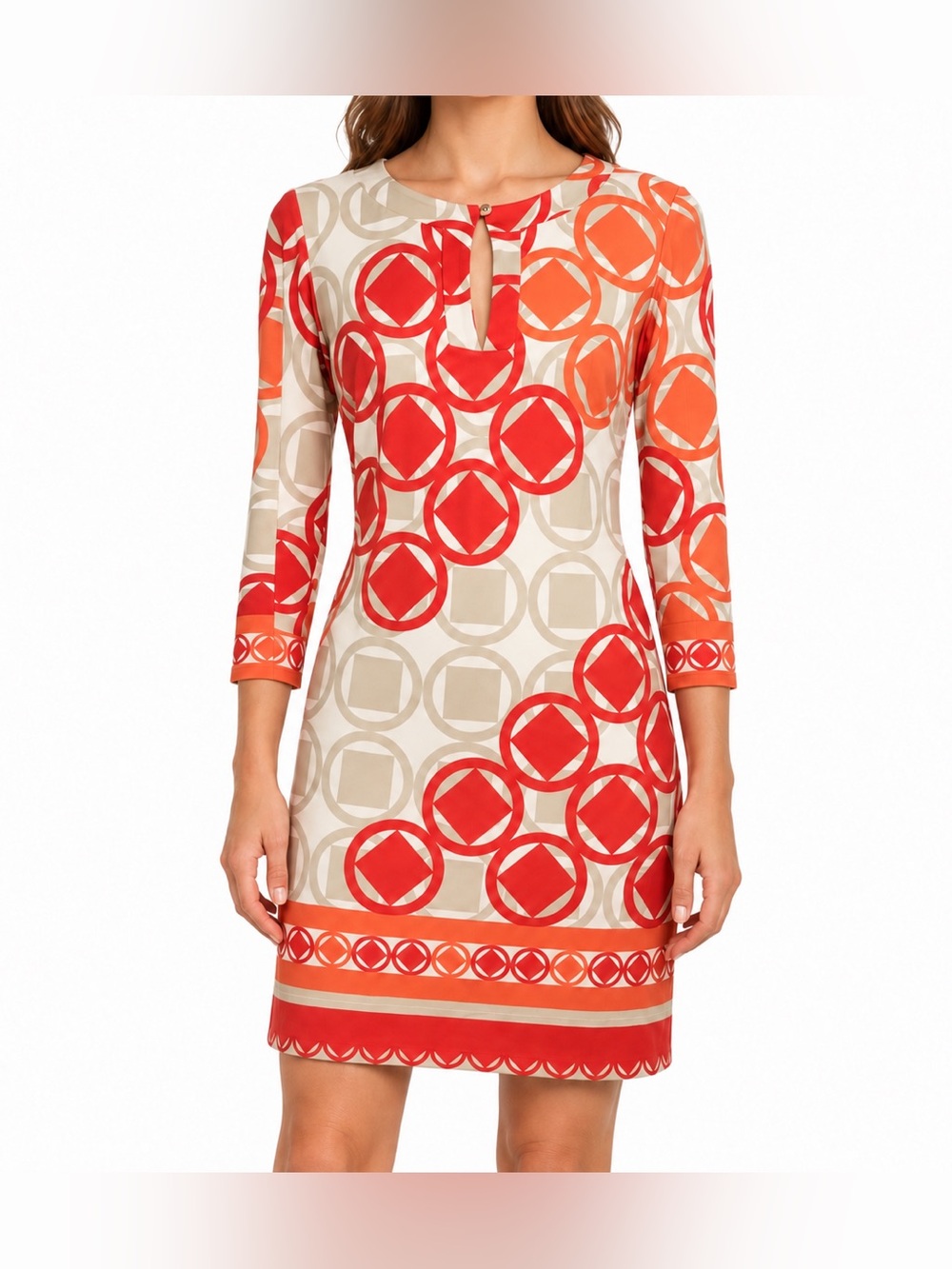 Ali Ro Mod Geometric Print Stretch Shift Dress Orange Red Size 2